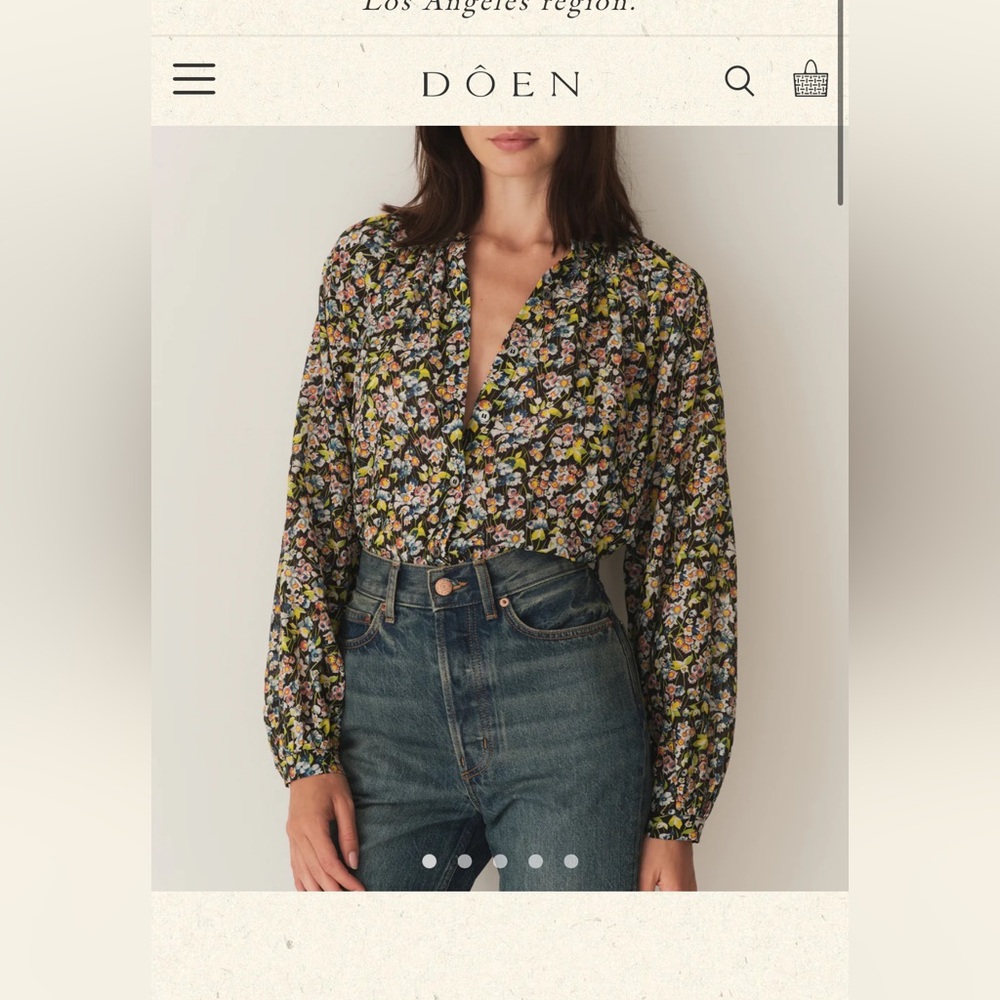 DÔEN Black Floral Button-Up Blouson Top with Green and Pink Accents